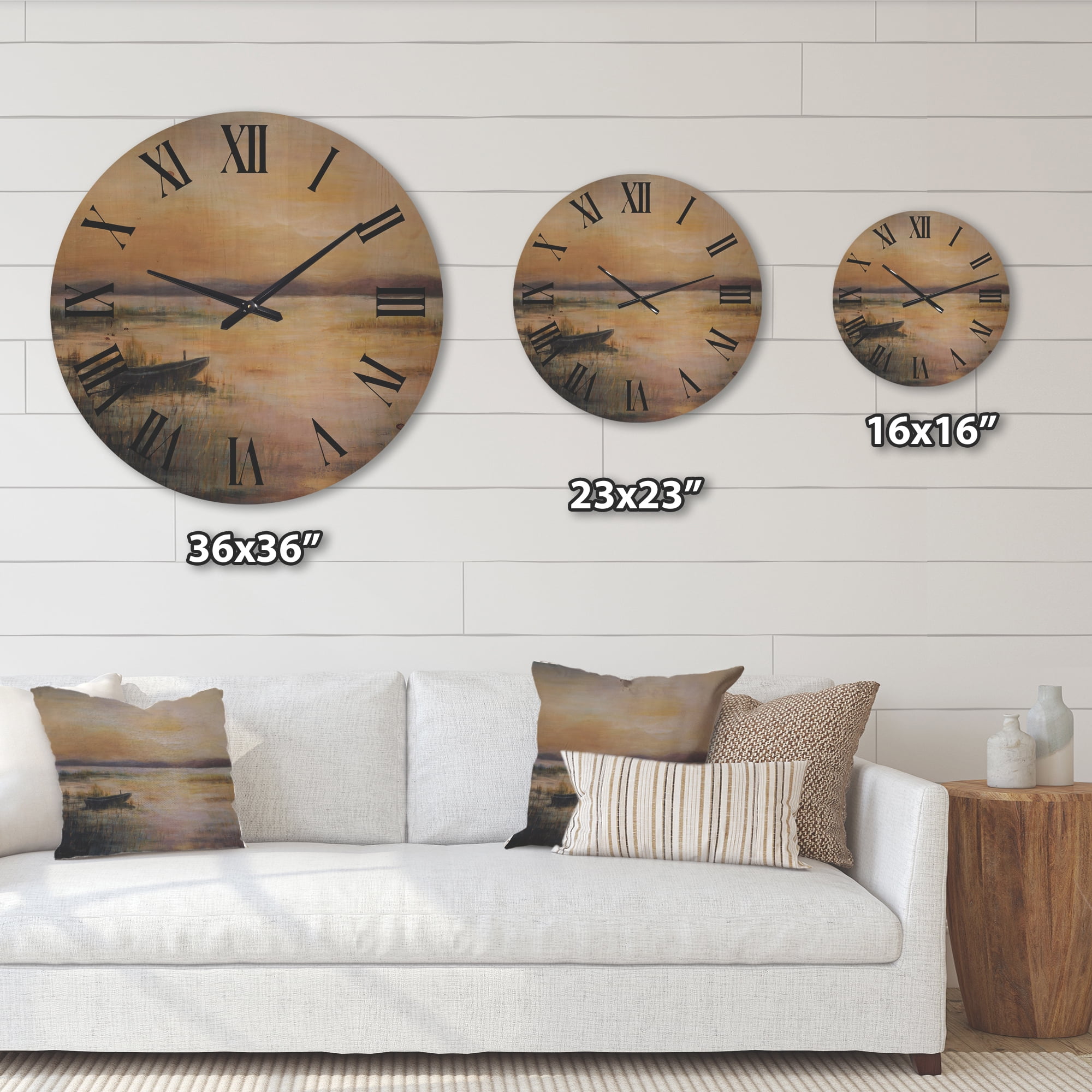 Designart 'Pastel Boat Sunset Over The Lake' Nautical & Coastal Wood Wall Clock