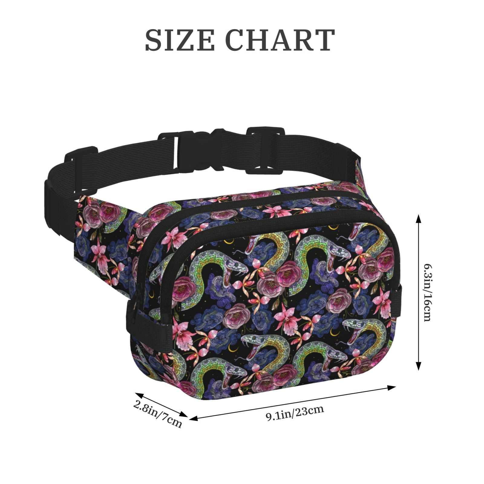 Fuzoiu Snake And Flower Print Unisex Square Double Layer Waist Bag,Crossbody Fanny Pack Travel Workout Accessory