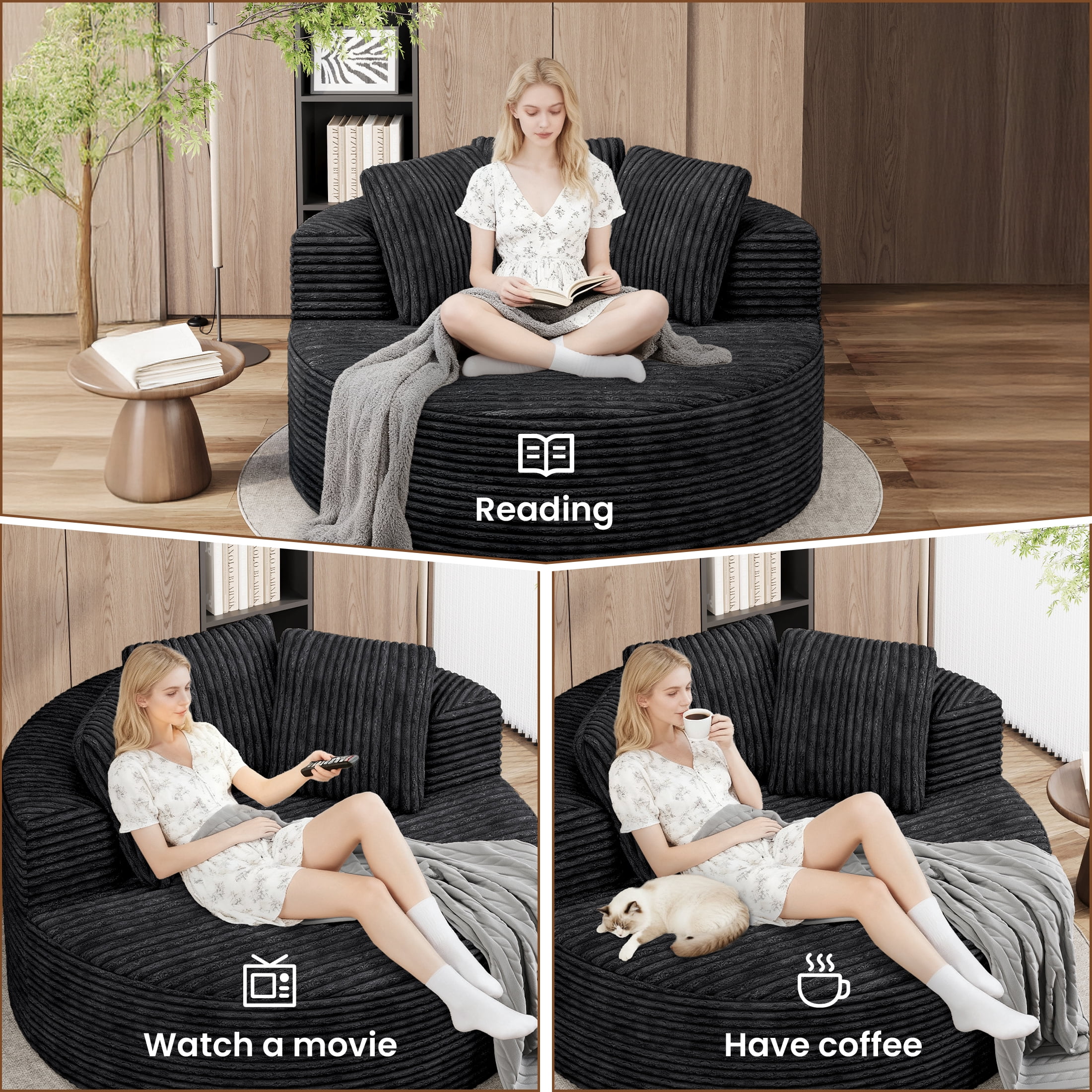Magic Home Modern Lazy Sofa Foam Couch Sectional Sofa Togo Sofa Floor Sofa for Bedroom,Living Room,Apartment and Small Space,Single Seat Sofa,Black