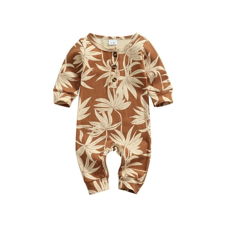 

Qiylii Baby Flower Leaves Print Romper Button Round Neck Long Sleeve Bodysuit