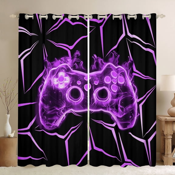 Manfei Neon Purple Gamepad Black Out Curtains for Boys, Honeycomb Abstract Curtains Pack of 2 (42x63 Each), Mystic Glitter Galaxy Bedroom Curtains, Window Curtains Decor