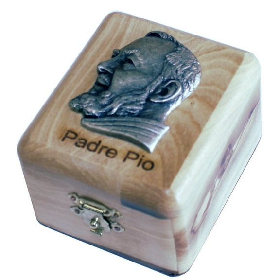 Holy Land Market First Communion Box - Rosary Box - Bethlehem Olive Wood (Metal Padre Pio)