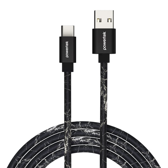 Powertek Marble 6ft USB-A to USB-C Cable, Black & Silver, Silicone Marble Print Design, Fast Charging Cable, Stable Data Transfer