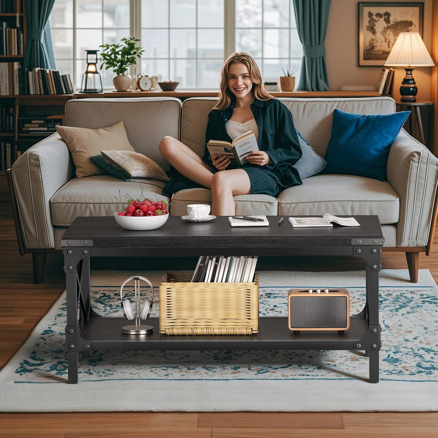 LazySpin Industrial Wood Coffee Table Rectangle, Black