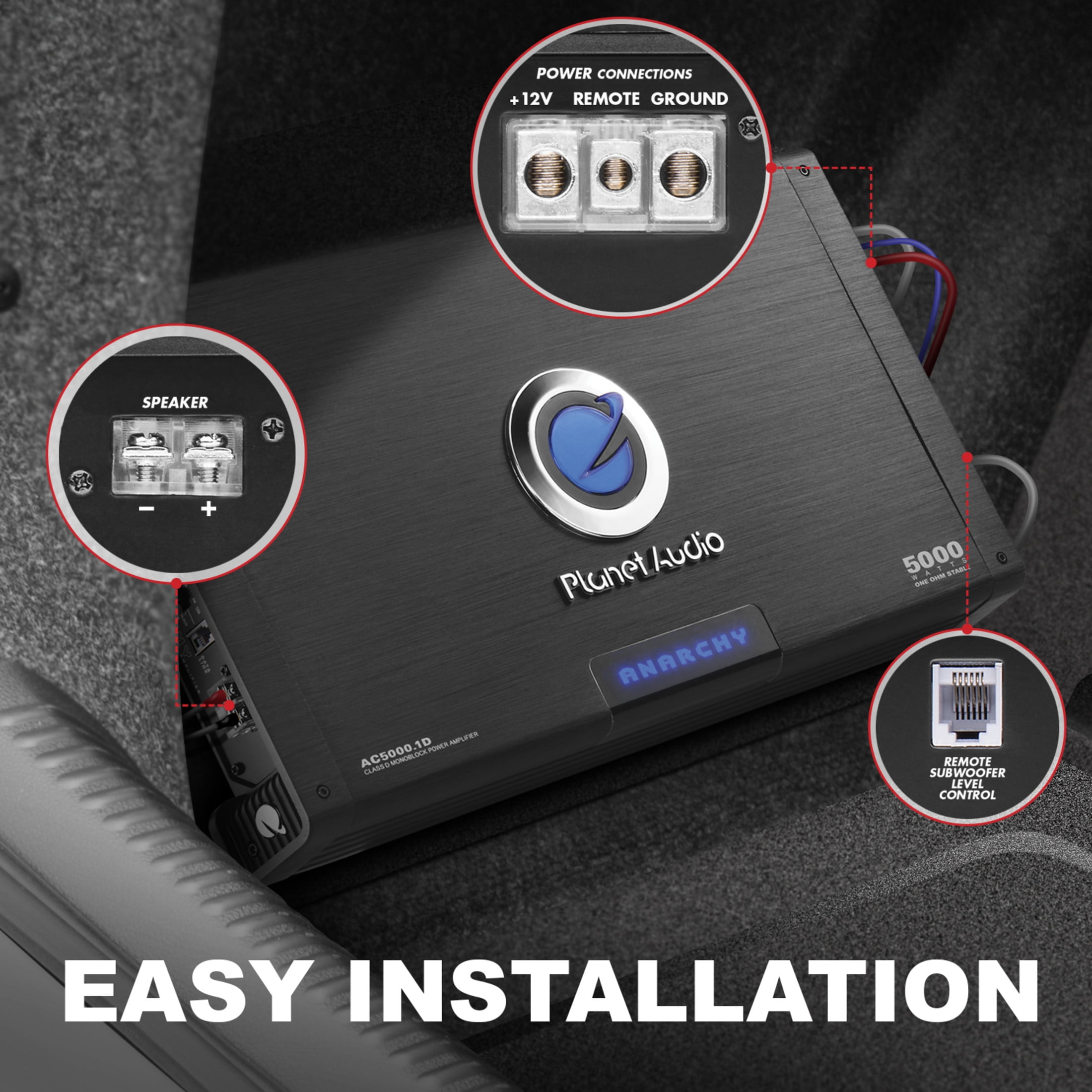 Planet Audio AC5000.1D Anarchy Series Class D Monoblock Car Amplifier - 5000 High Output, 1 Ohm Stable, Low Level Inputs, Low Pass Crossover, MOSFET Power