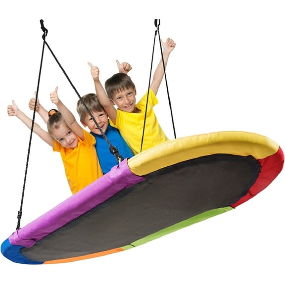 Oval Swing, 60’’ Tree Swing with 40’’- 63’’ Adjustable Heights & Multi-ply Rope for Kids & Adults, Large Platform Swing for &Play, Giant Saucer Hammock for Backyard Playground, Multicolor