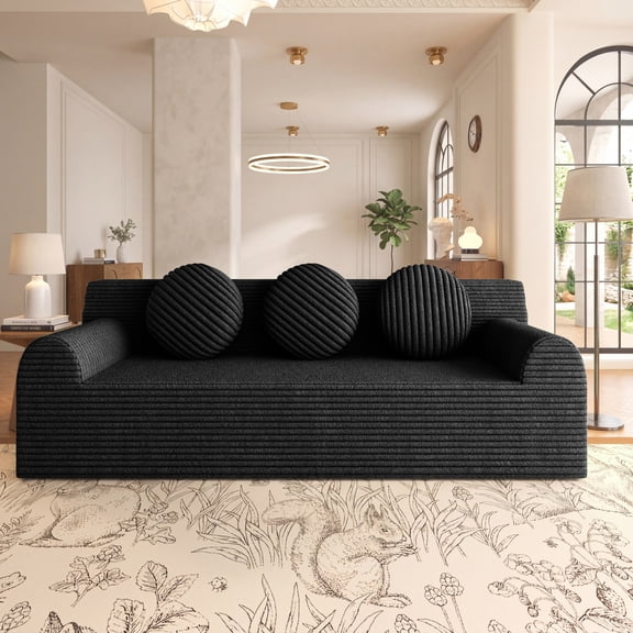 HOQBN Boneless Sofa Couch for Living Room,71" 3 Seater Sofa with Deep Seat Design and 3 Round Pillows,Comfy Corduroy Fabric Loveseat Couch,No Assembly,Black