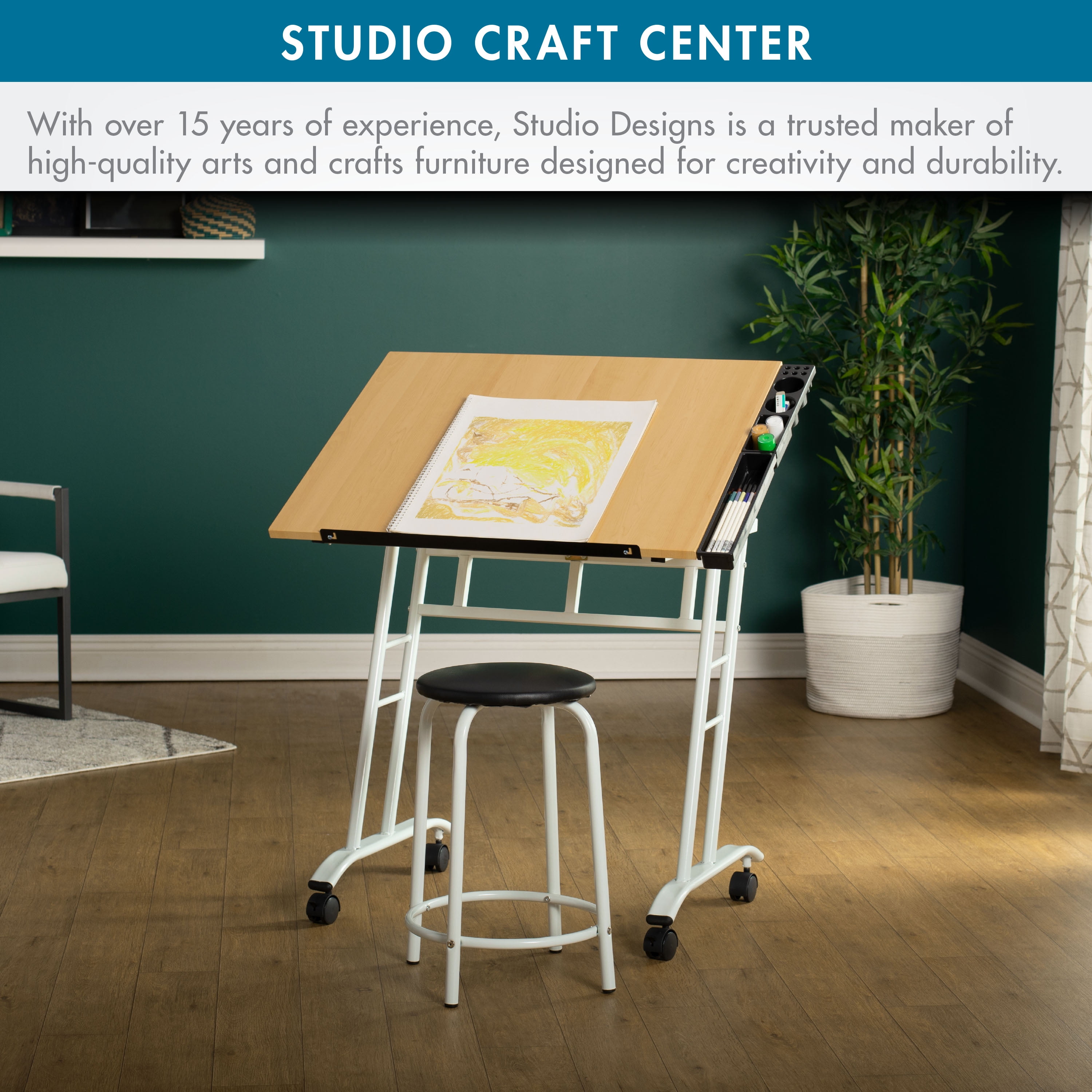Studio Designs Studio Craft Rolling Drawing Drafting Craft Table with Stool Set, White/ Maple
