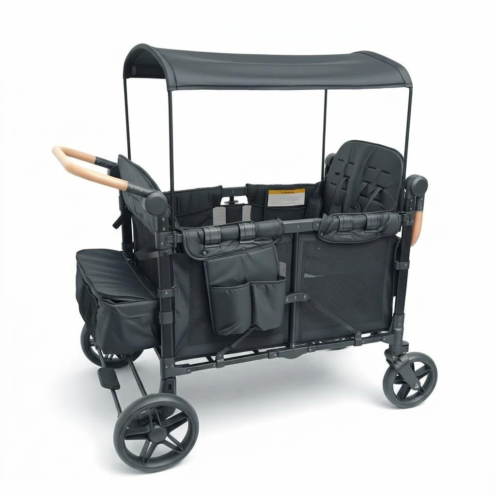 4 Seater Wagon Stroller, Sturdy Push Wagon with Iron Frame, 600D Oxford Fabric, Adjustable Handle, Foot Brake, Canopy & Storage Bags for Outdoor Camping and Grocery Shopping