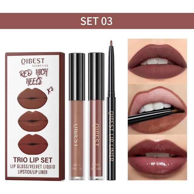 Fiudx Set de Maquillaje de Labios 3 En 1: Brillo de Labios, Delineador de Labios, Brillo de Labios Aterciopelado, Pigmento de Alta Cobertura, Comodidad Duradera, Perfecto para La Oficina, Fiestas y R