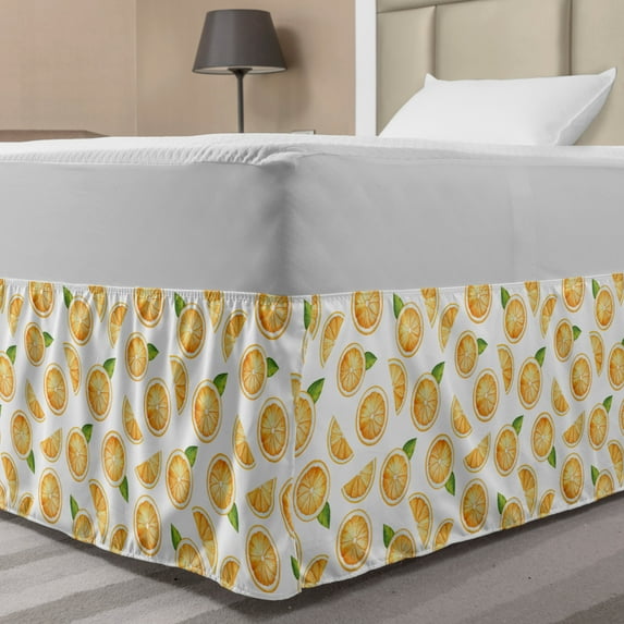 Orange Bed Skirt, Watercolor Slices of Orange Fruit with Green Leaves Fresh Ripe Juicy Food, Elastic Bedskirt Dust Ruffle Wrap Around for Bedding Decor, 4 Sizes, Orange Green White, by Ambesonne