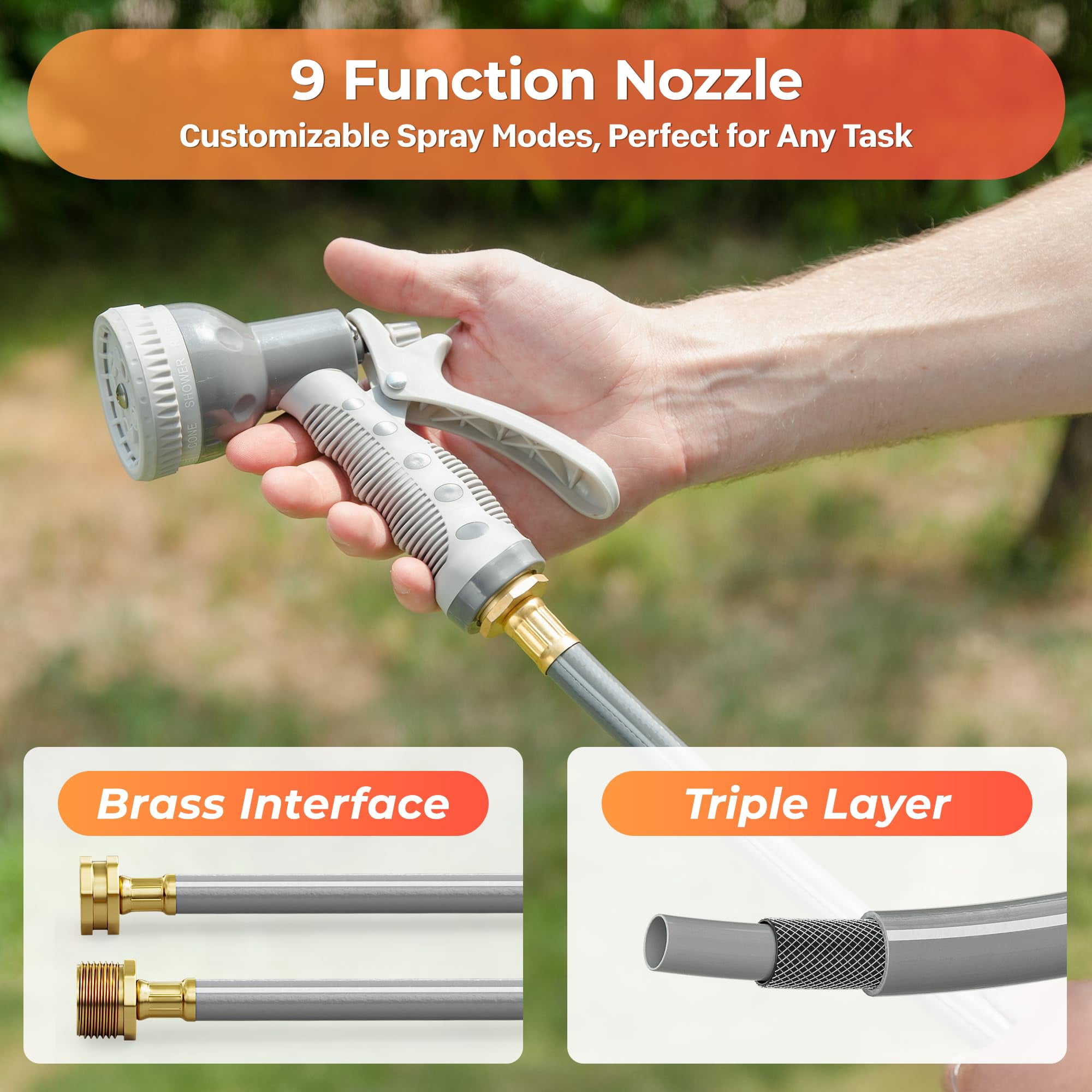Retractable Garden Hose Reel 1/2 In X 65 Ft Wall Mounted  With 9- Function Sprayer Nozzle Any Length Lock/slow Return System/wall Mounted/180°swivel Bracket (gray)