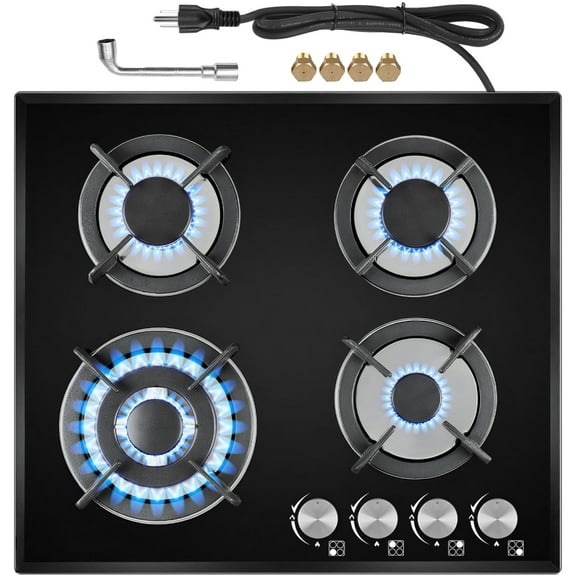 TYEMUI 24 Inch 4-Burner Gas Cooktop – Built-In or Countertop Propane Kitchen Stove, NG/LPG Convertible, Thermocouple Safety, Black Tempered Glass Surface
