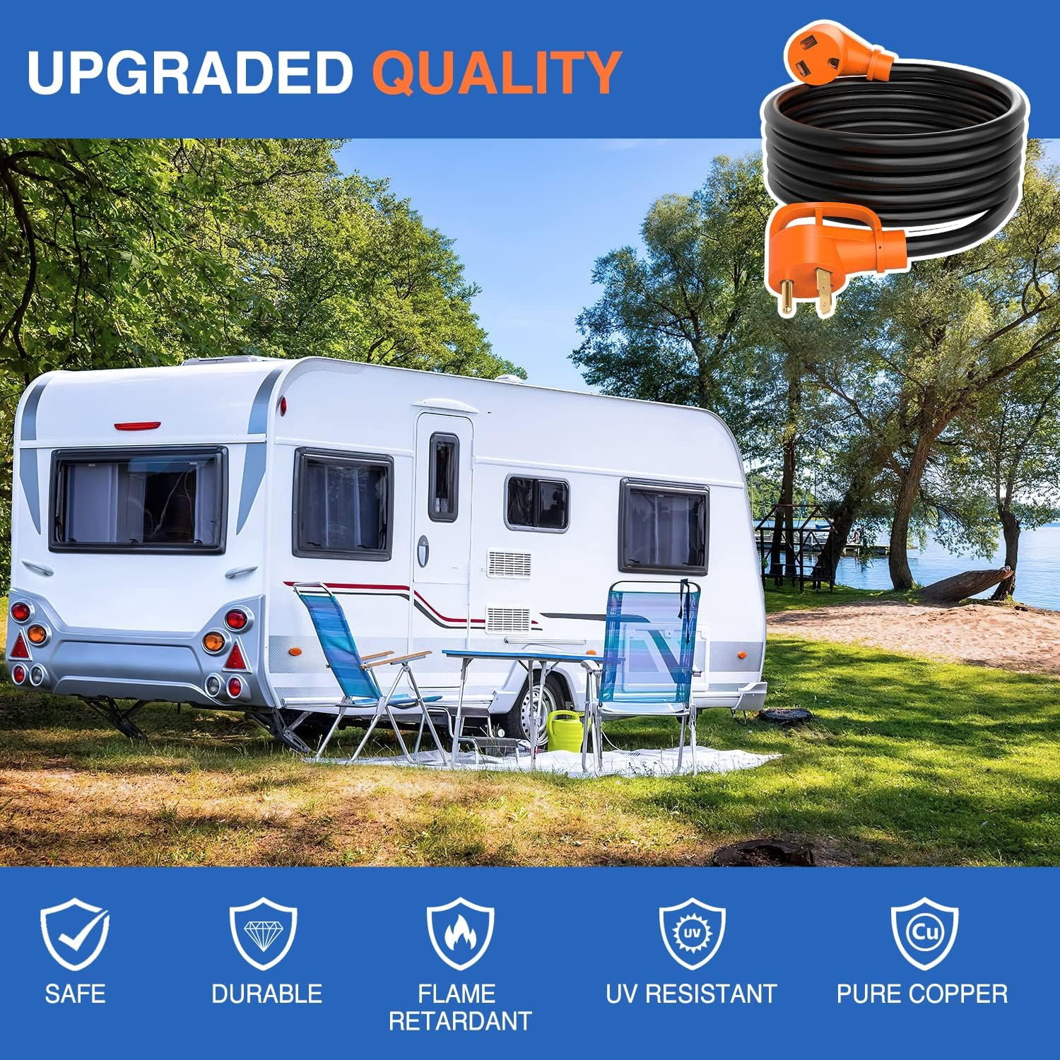 30 Amp 15FT RV Extension Cord 125V Heavy Duty 10 Gauge Pure Copper STW Wire 3 Prong TT-30P TT-30R 30F/30M Weatherproof Suit for Camper Caravan Trailer