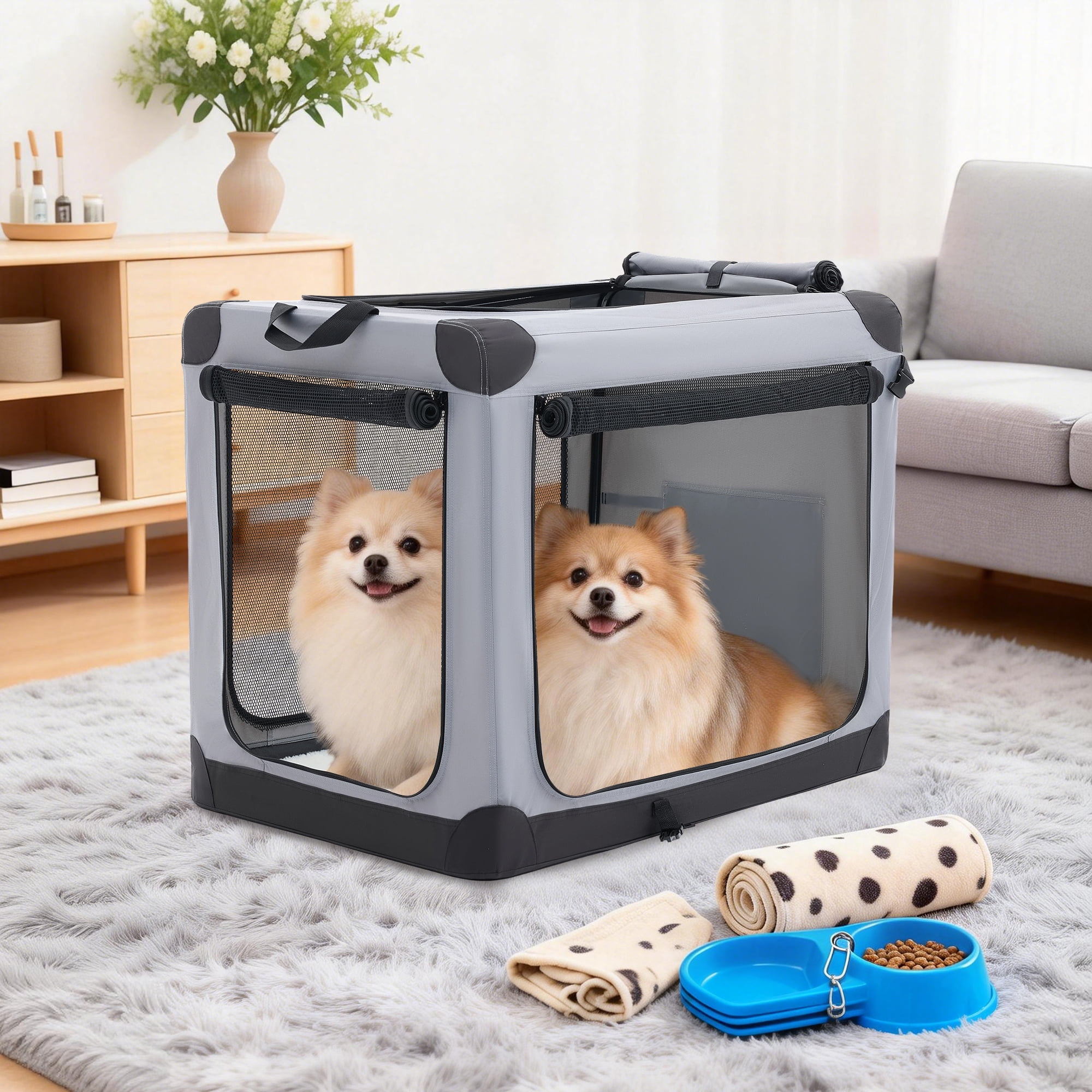 Sweetcrispy Portable Soft-Sided Dog Crate, Folding Travel Kennel with 3 Doors & Storage Pocket, Lightweight Oxford Fabric, Gray, 30 lb Limit