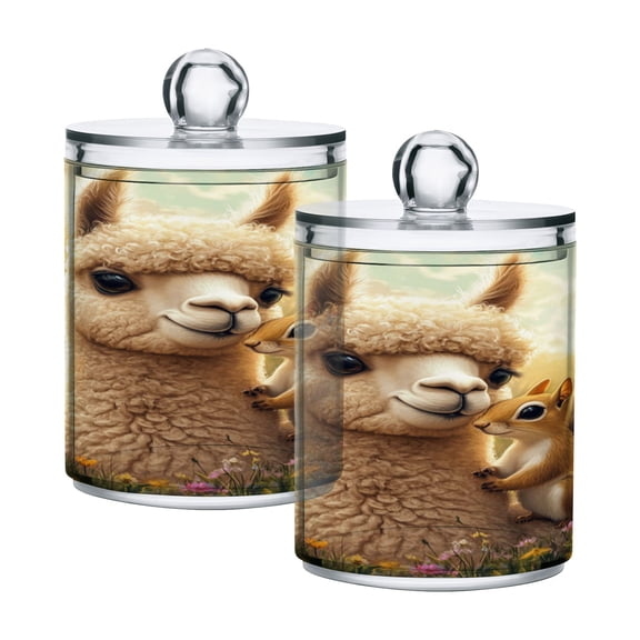 2 Pack Squirrel and Alpaca Qtip Holder Dispenser Clear Plastic Storage Apothecary Jars for Cotton Swabs Balls Pads Floss