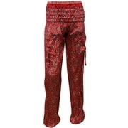Mogul Women's Silk Trousers Red Floral Print Yoga Relaxation Pants