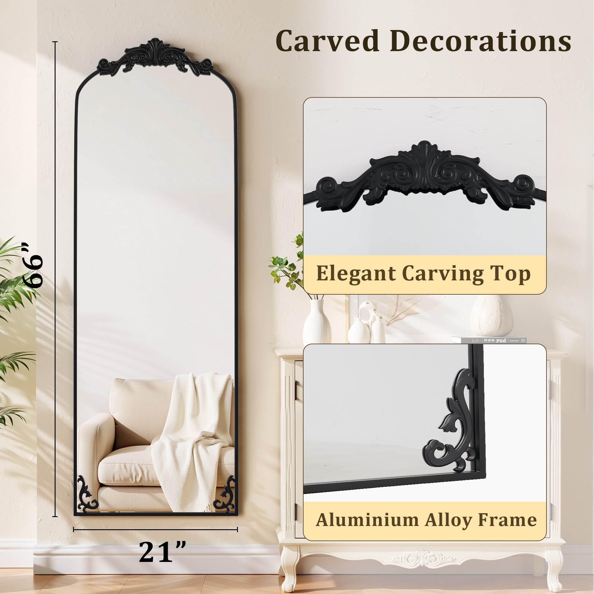 Anyrose 66"x 21" Baroque Full Length Mirror Arched Vintage Floor Mirror with Stand, Black