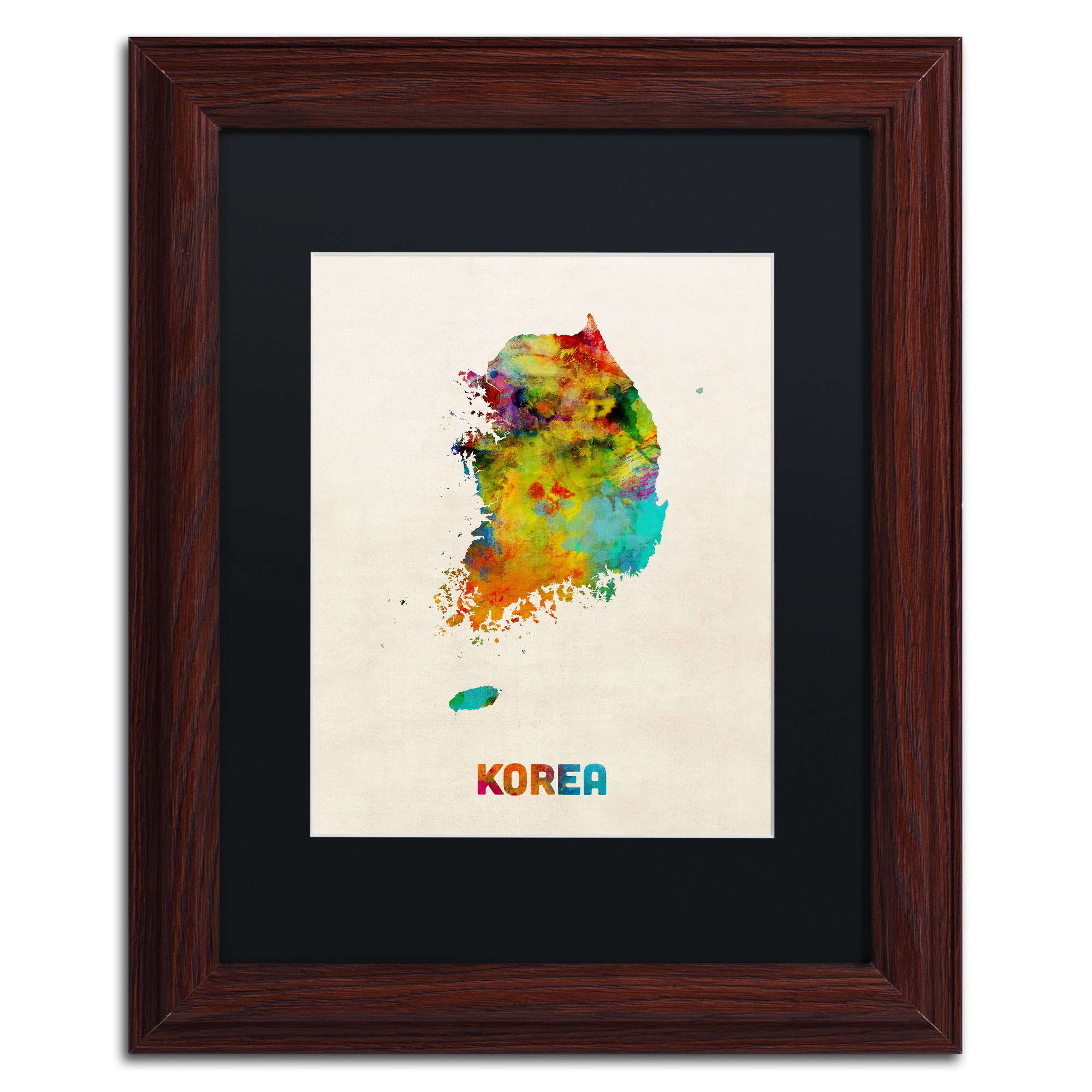 Trademark Fine Art "Korea Watercolor Map" Canvas Art by Michael Tompsett Black Matte, Wood Frame