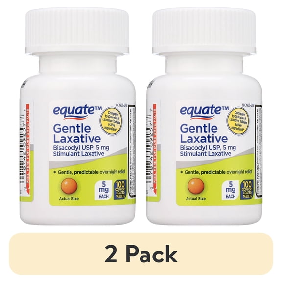 (2 pack) Equate Bisacodyl USP Constipation Relief Gentle Laxative Tablets, 5 mg, 100 Count
