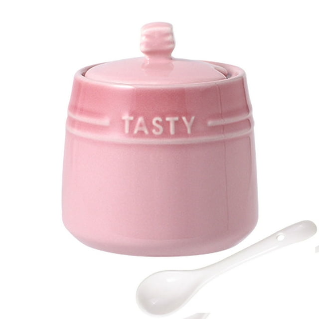 French Gradient Ceramic Sugar Pot With Lid, Solid Sugar Bowl With Spoon, Porcelain Spice Jar, Kitchen Decoration Storage-Pink