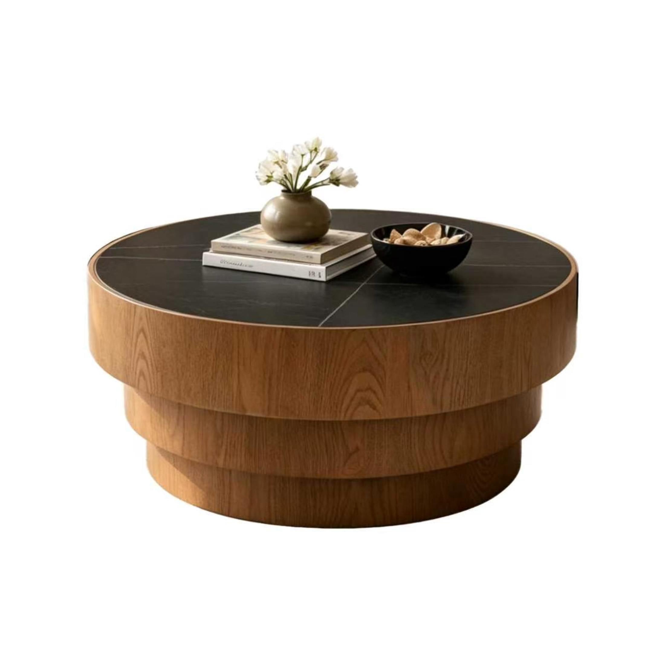 Noble House Carlen 31.5" Round Sintered Stone Coffee Table with Tiered Wood Veneer Base for Living Room, Black & Walnut