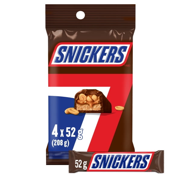 SNICKERS, barres choc. au lait et arachides, 4 barres standards, 208 g