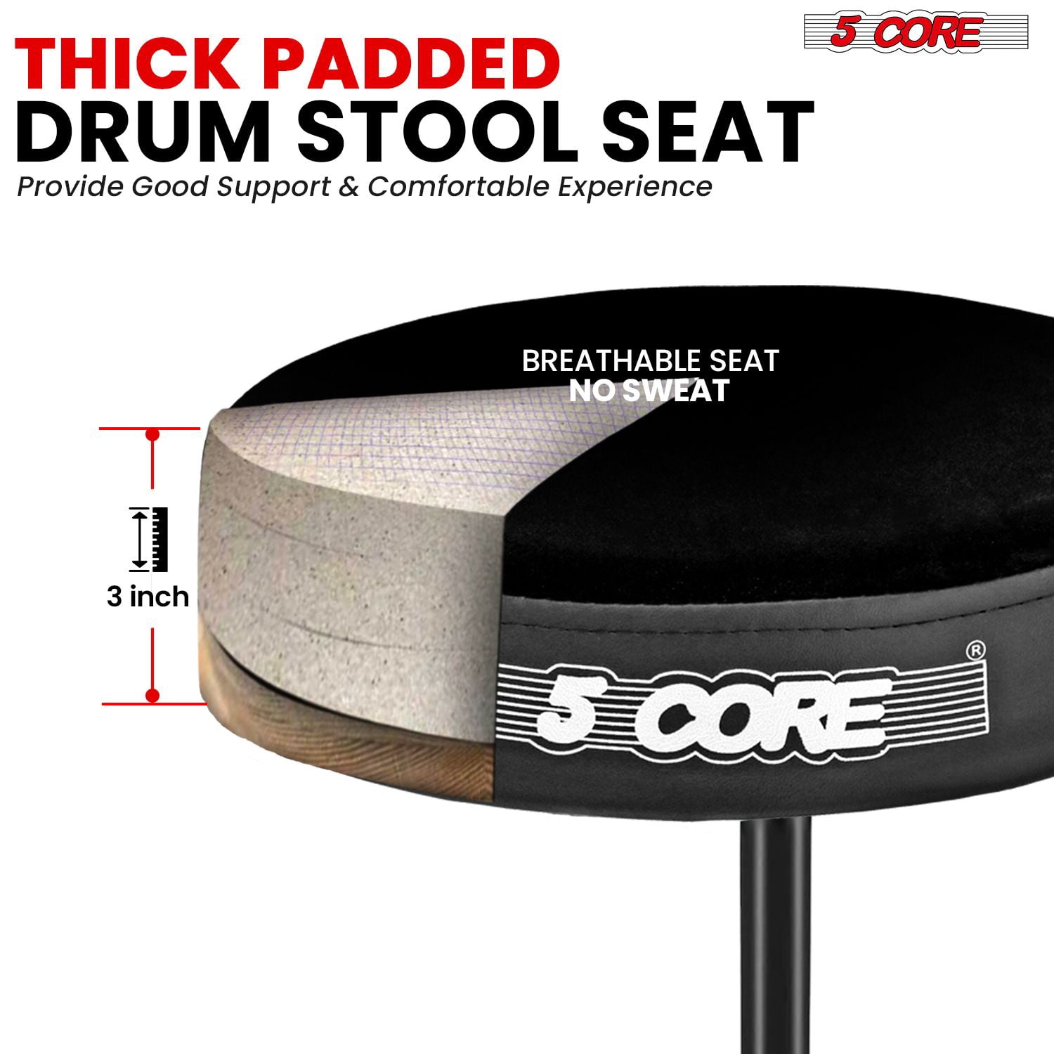 Adjustable Drum Throne Stool with 3" Thick Padding – Heavy-Duty 330 lb Capacity Guitar Seat for Adults & Kids, Anti-Slip Tripod Base