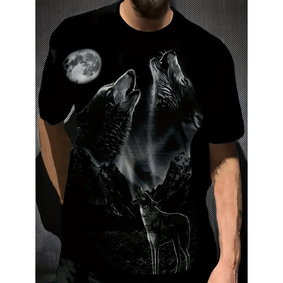 Men's fashion Casual Wolf Print T-shirt with Moon and Mountain Scene Printed 100% Cotton Tees Slightly Elastic Adult Casual Style Tops