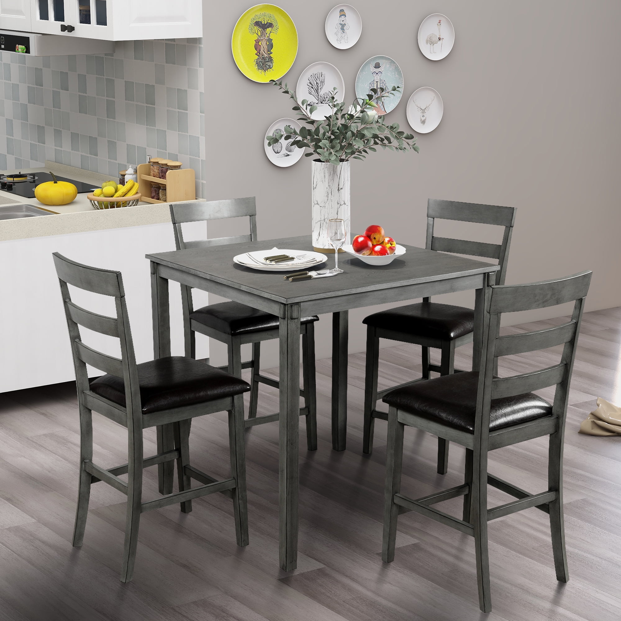 Dining Table Set with Table and 4 PU Leather Cushioned Chairs, 5 Piece ...