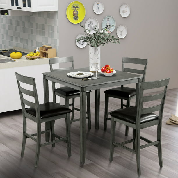 Uhomepro 5 Piece Dining Table And Chair, Grey Dining Room Table With Leather Chairs