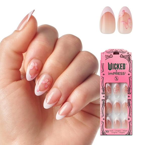 WICKED X imPRESS Press on Nails, Perfectly Pink, Pink, Medium Almond, 30 Count