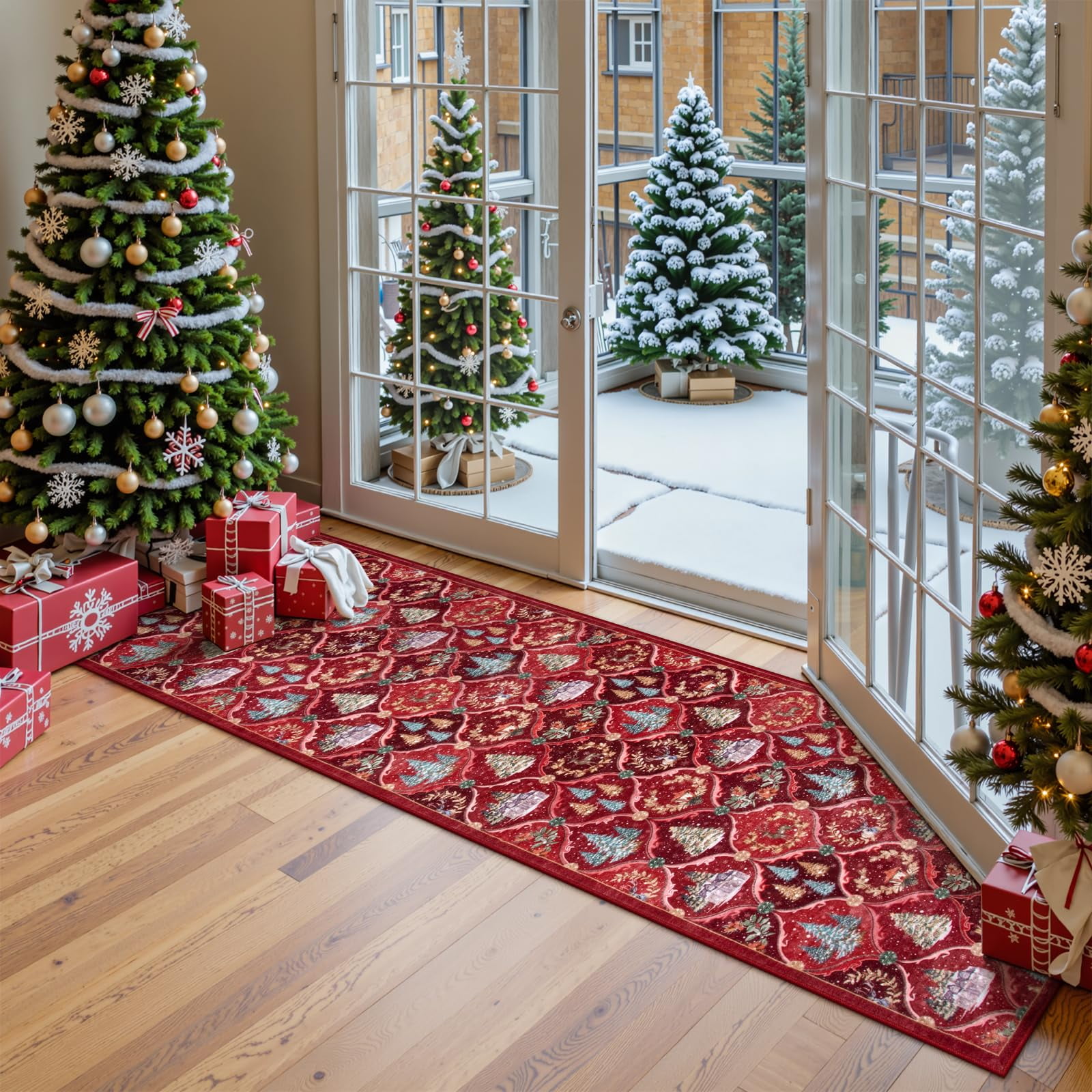 Moynesa Christmas 2'x6' Runner Rugs for Hallway, Washable Kitchen Rug Carpet Runner, Non-Slip Low Pile Soft Winter Moroccan Holiday Xmas Decor Modern Mat for Entrance Bedroom Laundry, Red