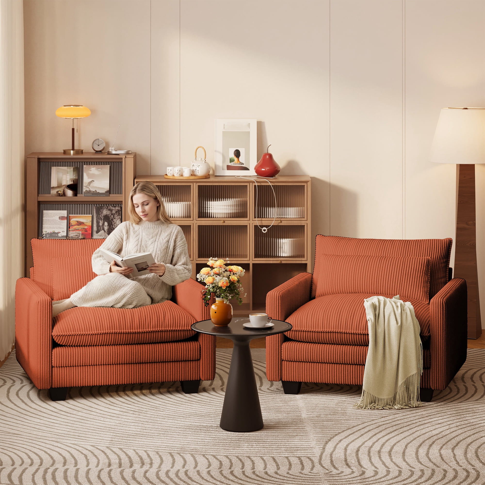 Cloud Corduroy Accent Chair, Deep Memory Foam Seat with Washable Zipper Cover & Arm Pillow, Modern Leisure Single Sofa for Living Room Bedroom Balcony, Orange