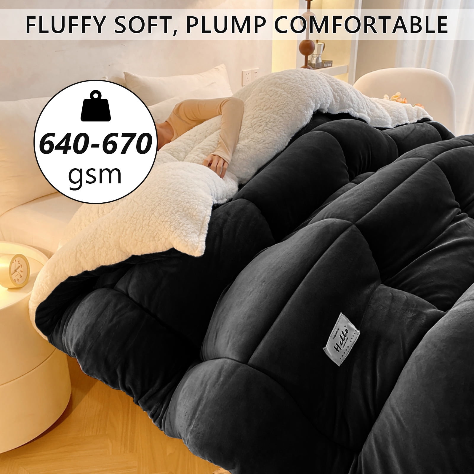 WOOW DEPOT Sherpa Fleece Queen Comforter Reversible, 1 PCS, Heavy 7.5lbs Quilted Bedding Warm Cozy Machine Washable, Black