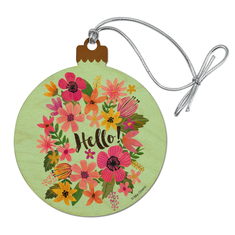 Hello with Pretty Flowers Wood Christmas Tree Holiday Ornament ...