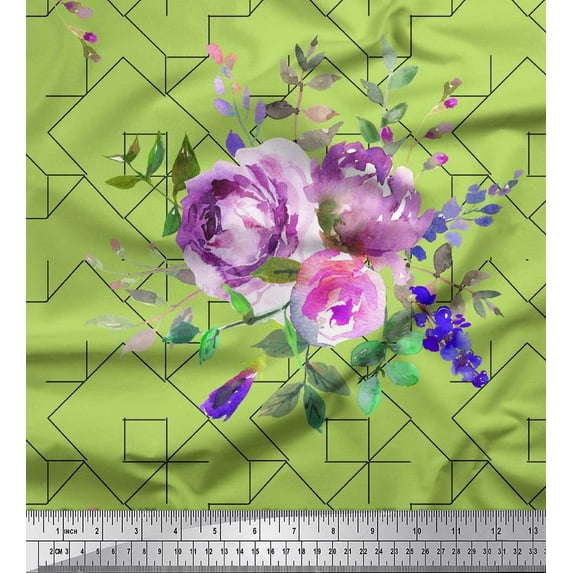 Soimoi Cotton Jersey Fabric Watercolor Flower Geometric Printed Fabric 1 Yard 58 Inch Wide