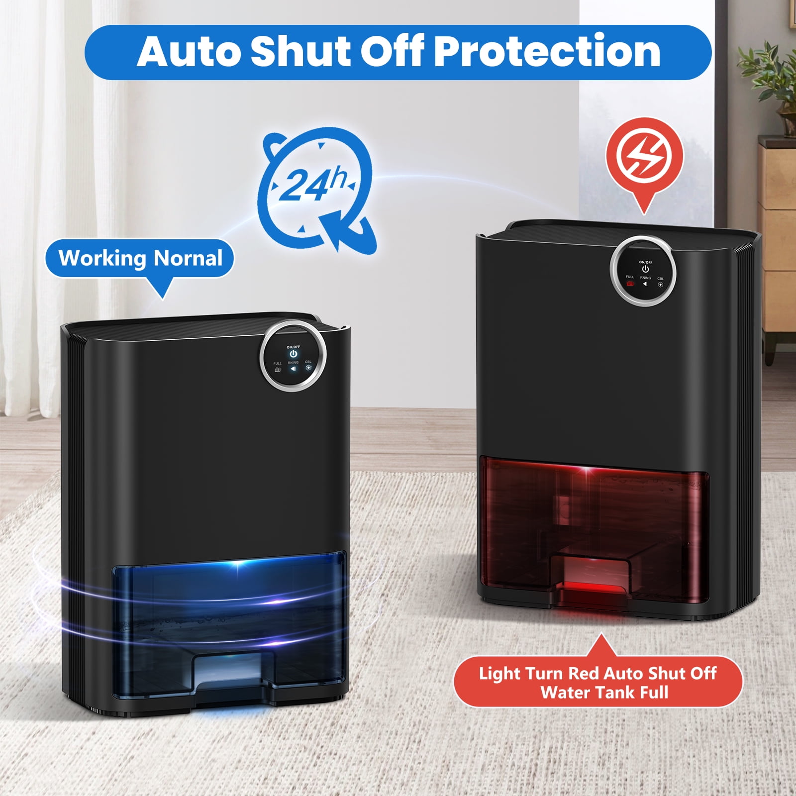EGEH Dehumidifier for Home, 70 OZ Water Tank (500 sq ft) Auto Shut off Small Dehumidifiers for Bedroom Bathroom with 5 Colors LED Lights, Black