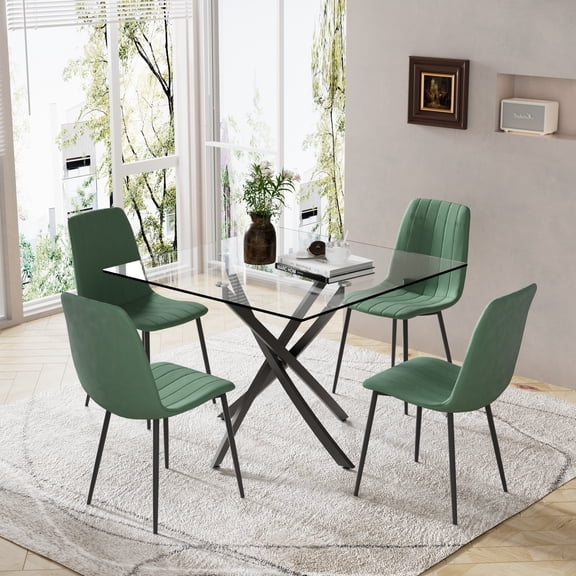 KATBOC 5-Piece Dining Set, 4 Velvet Chairs & Tempered Glass Table, Modern Space Saving Kitchen Set with Ergonomic Design, Adjustable Non-Slip Base, for Small Apartment, Living Room, Greem