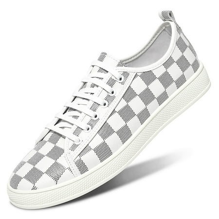 

Men‘s Sneakers Premium Leather Trendy Plaid Print Casual Lightweight Non Slip Walking Shoes Spring And Summer