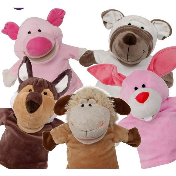 5-Piece Set Animal Hand Puppets with Open Movable Mouth/Zoo, Safari, Farm, Jungle/Rabbit, Sheep, White Dog, Pig and Wolf