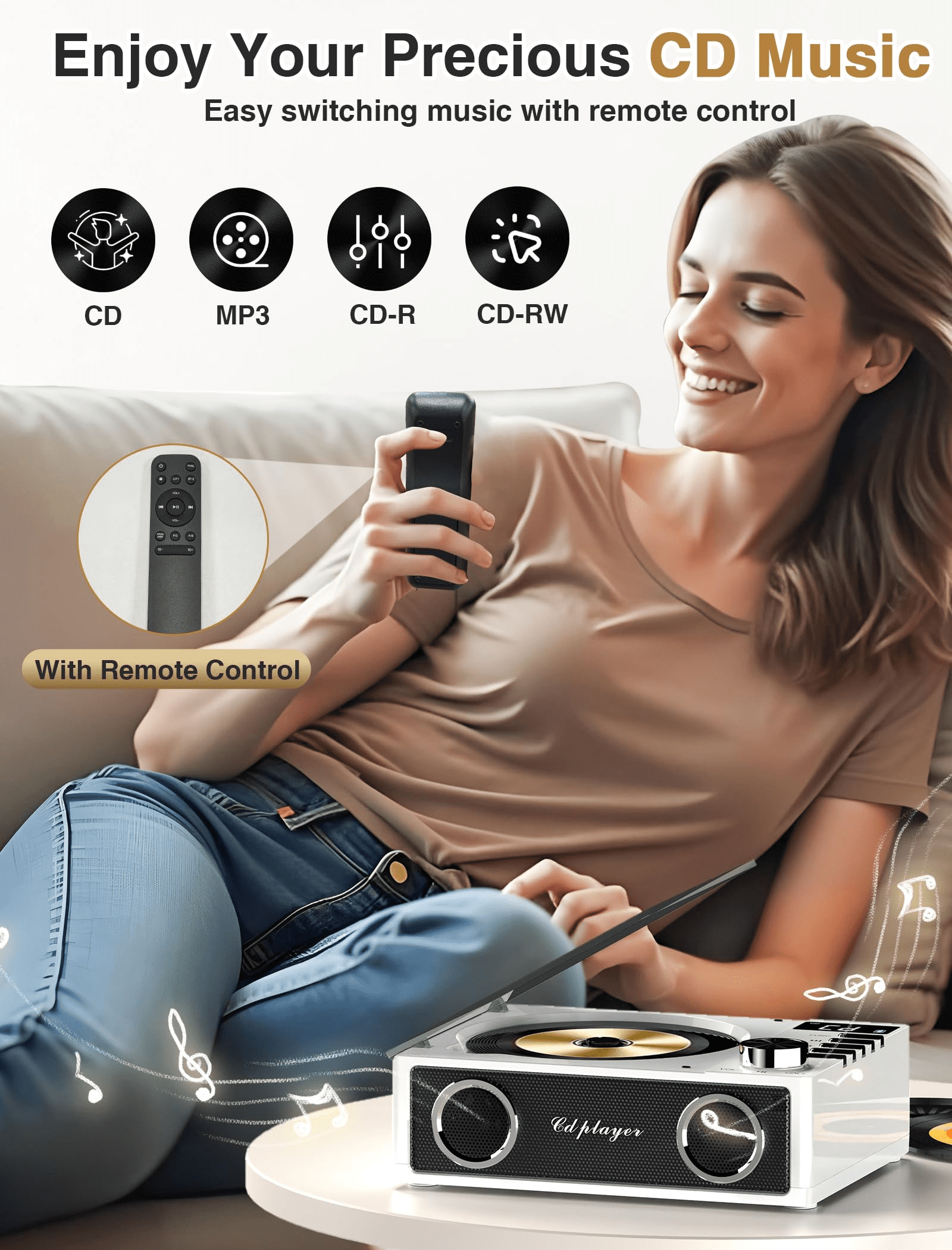 Jazmm CD Player with Bluetooth 5.3, 4000mAh Rechargeable CD Player with Remote Control, FM Radio, CD Player with Speakers for Home, CD Player for Car, Supports USB, TF, AUX, Optical Input