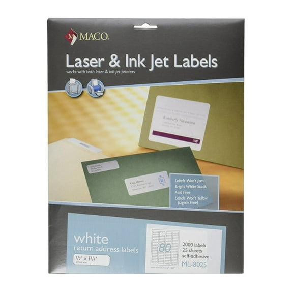 Maco White Return Address Labels, 1/2" x 1 3/4", 80-Up, Page Size: 8 1/2" x 11" - Box of 25 Sheets / 2,000 Labels