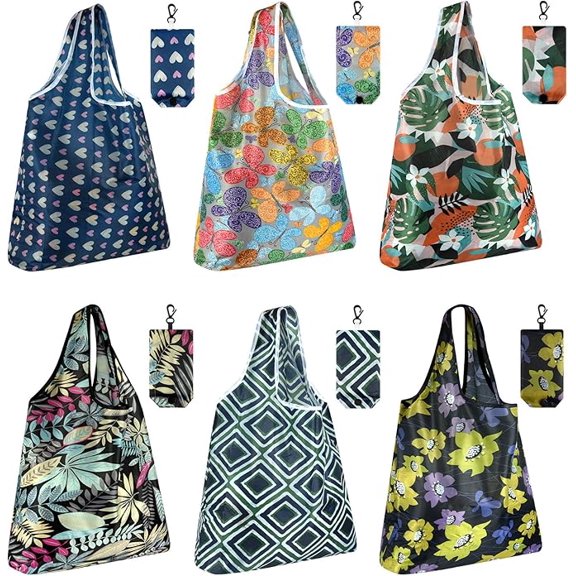 6PCS Reusable Grocery Bags - Foldable, Cute Tote Bags - Waterproof Nylon