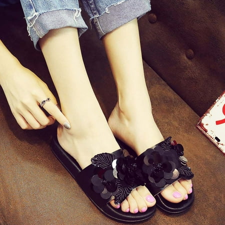 

Women s Summer Fashion Sequined Big Flower Slipper Solid Color Flat Shoes