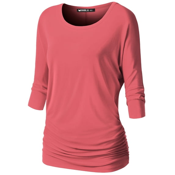 Thanth Womens Dolman Sleeves Boat Neck Solid Shirring Drape Basic Tunic Top