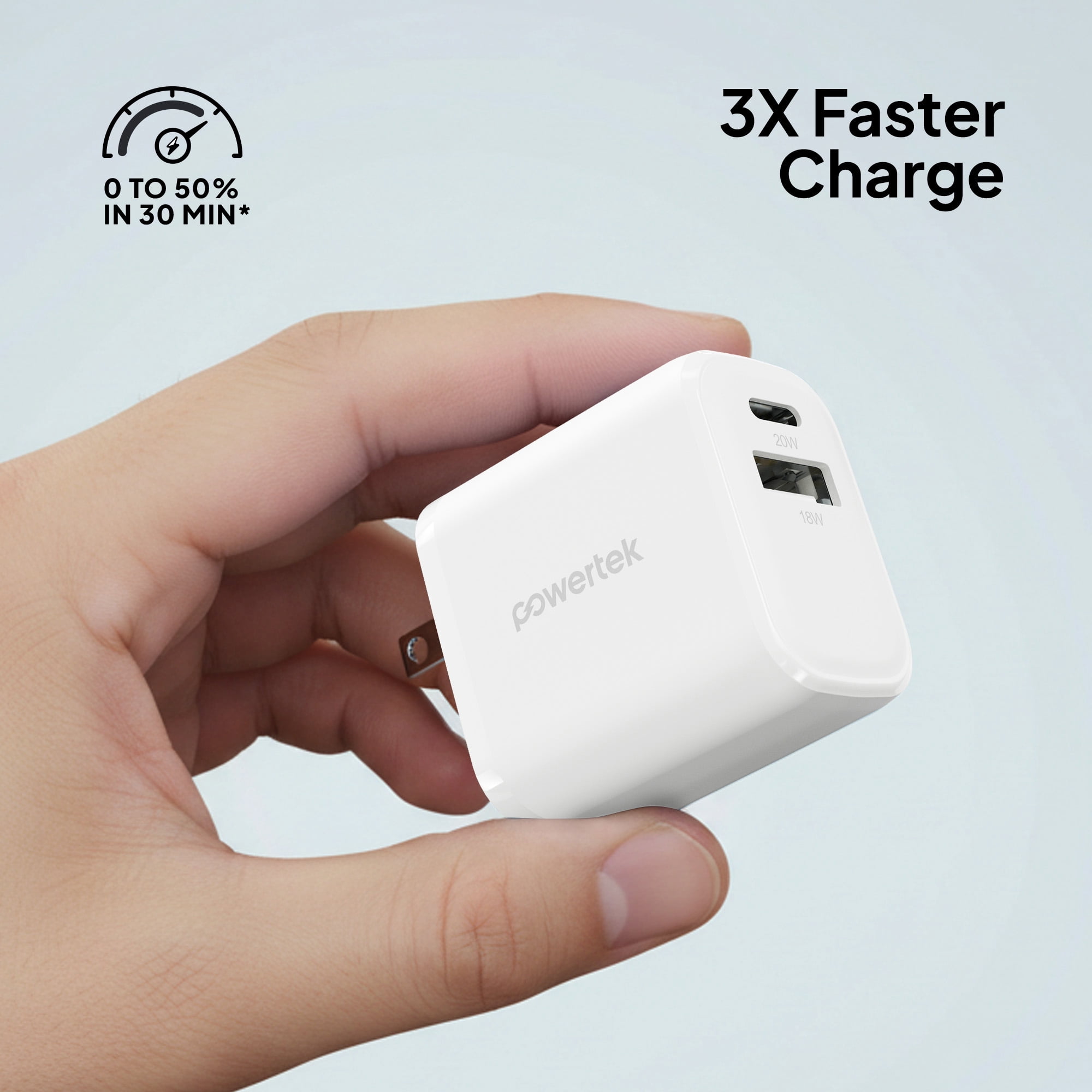 Powertek 20W USB-C PD + USB-A Dual Port Wall Charger, White