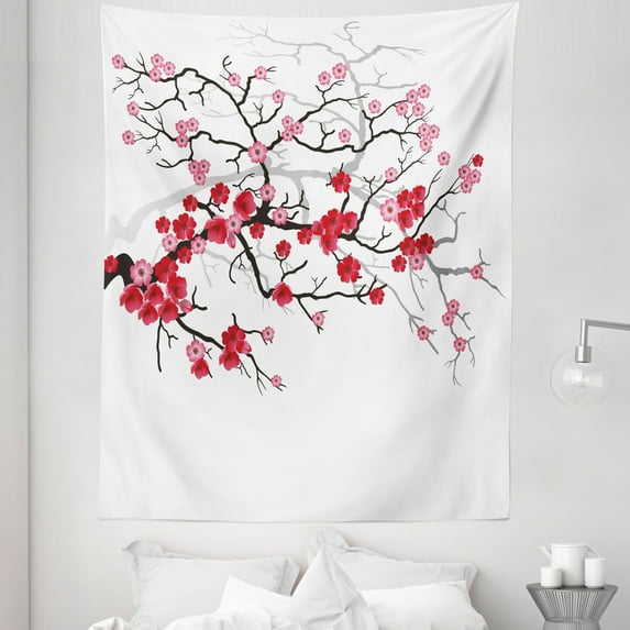 Japanese Tapestry, Japanese Plant Sakura Flower Abstract Backdrop Art, Fabric Wall Hanging Decor for Bedroom Living Room Dorm, 5 Sizes, Dark Brown Dark Coral, by Ambesonne