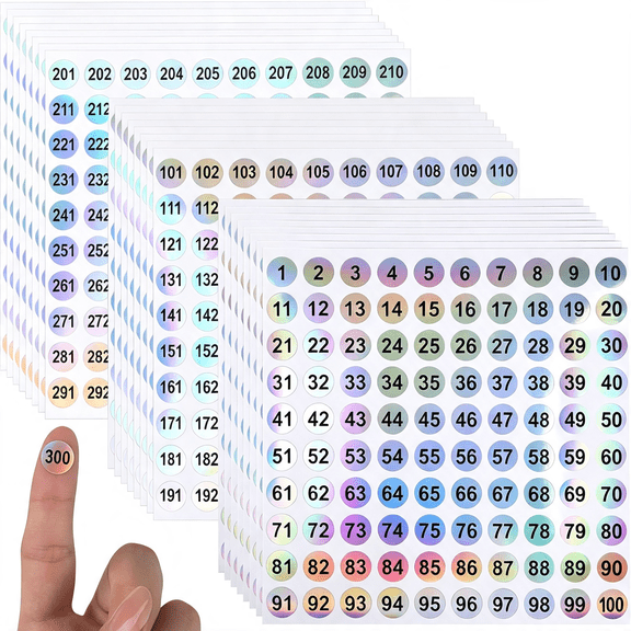 CCOCC 2400Pcs 24Sheets Number Stickers 0.4" Number 1 to 300 Small Number Stickers Self Adhesive Laser Consecutive Numbered Stickers Waterproof Stickers for Nail Polish Bottle Lipstick