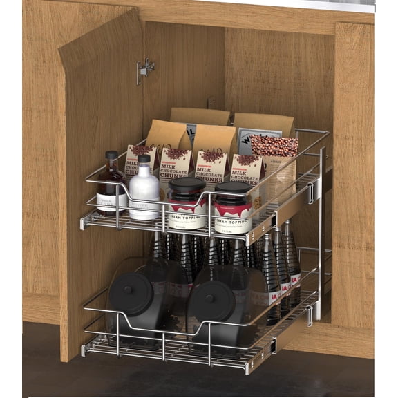 STORKING 2-Tier Pull Out Cabinet Organizer, 11" W x 17" D Heavy Duty Chrome Slide Out Drawer for Kitchen, Bathroom & Pantry Cabinets